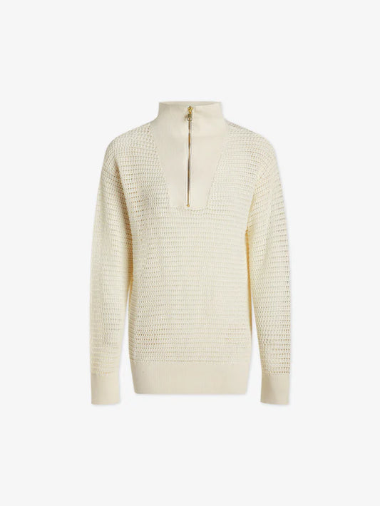 Open weave half zip top with long sleeves in cream