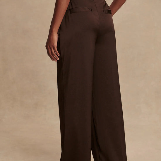 wide leg elasticated waist chocolate brown sateen trousers rear view