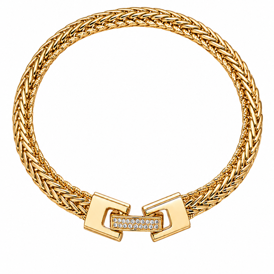 gold mesh braided bracelet with a cz clasp on a white background as a flat lay image 