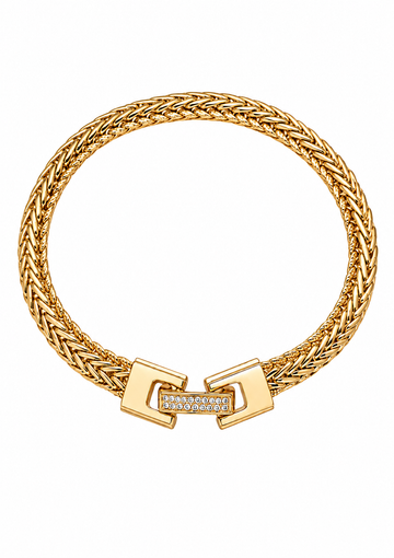 gold mesh braided bracelet with a cz clasp on a white background as a flat lay image 