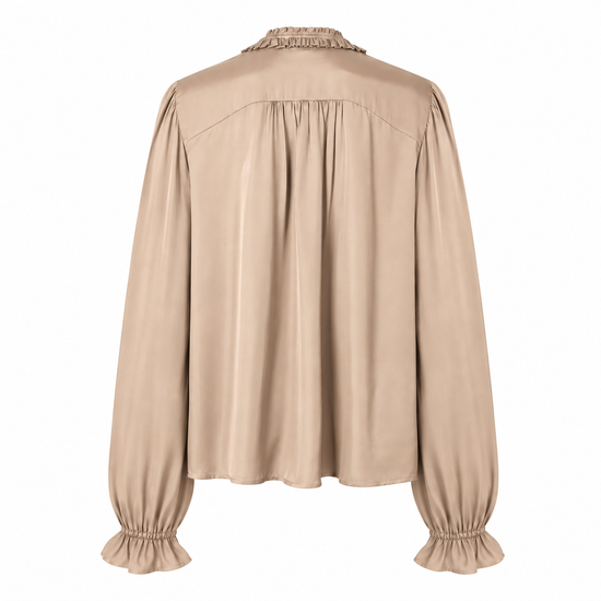 A beige long-sleeve blouse shown from the back, featuring a ruffled high neckline, gathered shoulder seams, and elasticized ruffled cuffs, displayed on a clean white background.
