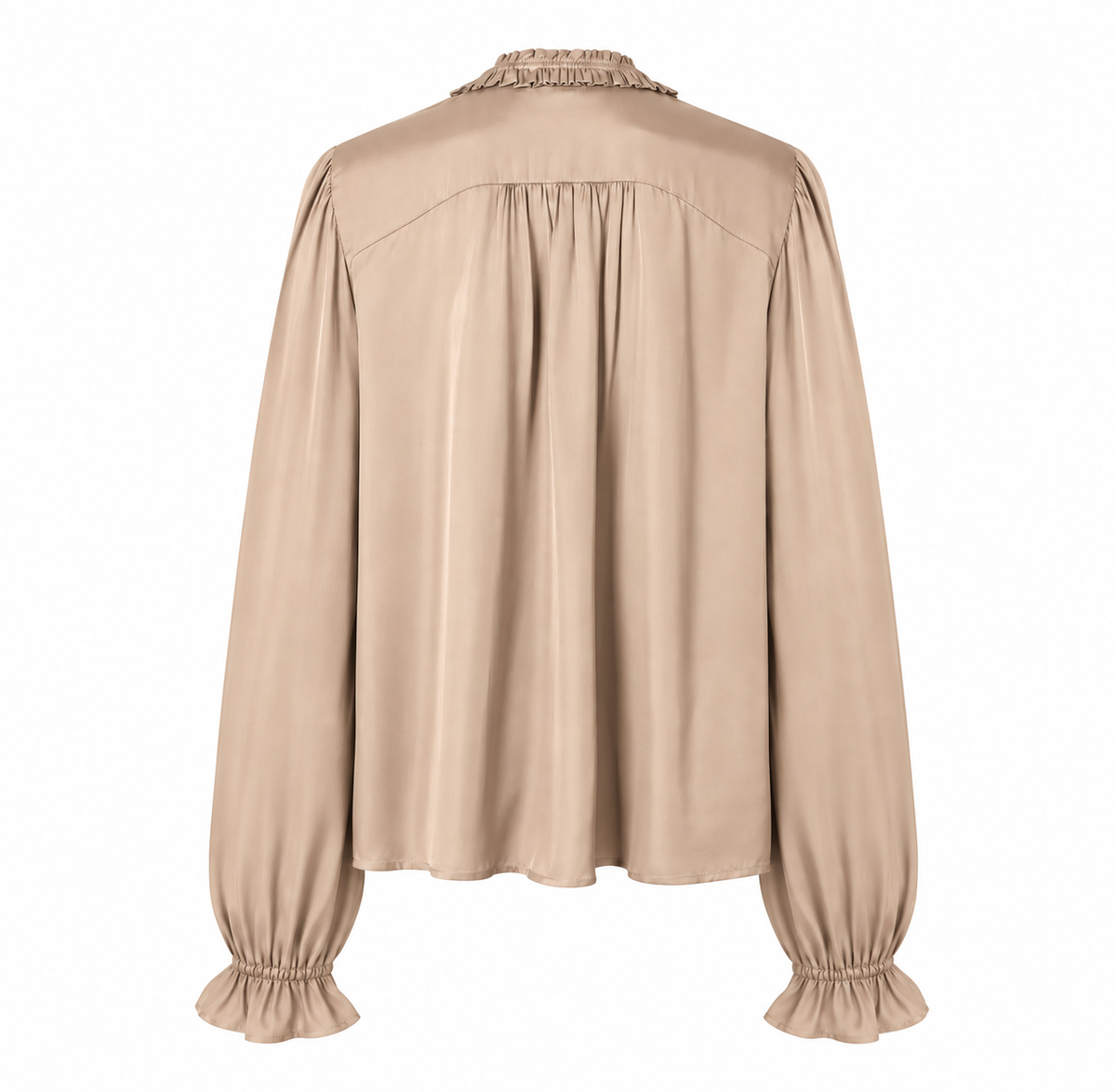 A beige long-sleeve blouse shown from the back, featuring a ruffled high neckline, gathered shoulder seams, and elasticized ruffled cuffs, displayed on a clean white background.