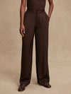 wide leg elasticated waist chocolate brown sateen trousers model shot