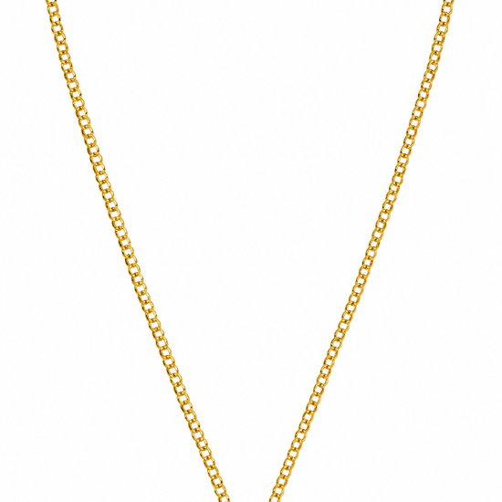 A gold chain necklace with a cylindrical pendant featuring a central clear gemstone, displayed on a solid white background.