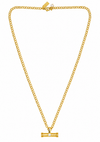 A gold chain necklace with a cylindrical pendant featuring a central clear gemstone, displayed on a solid white background.
