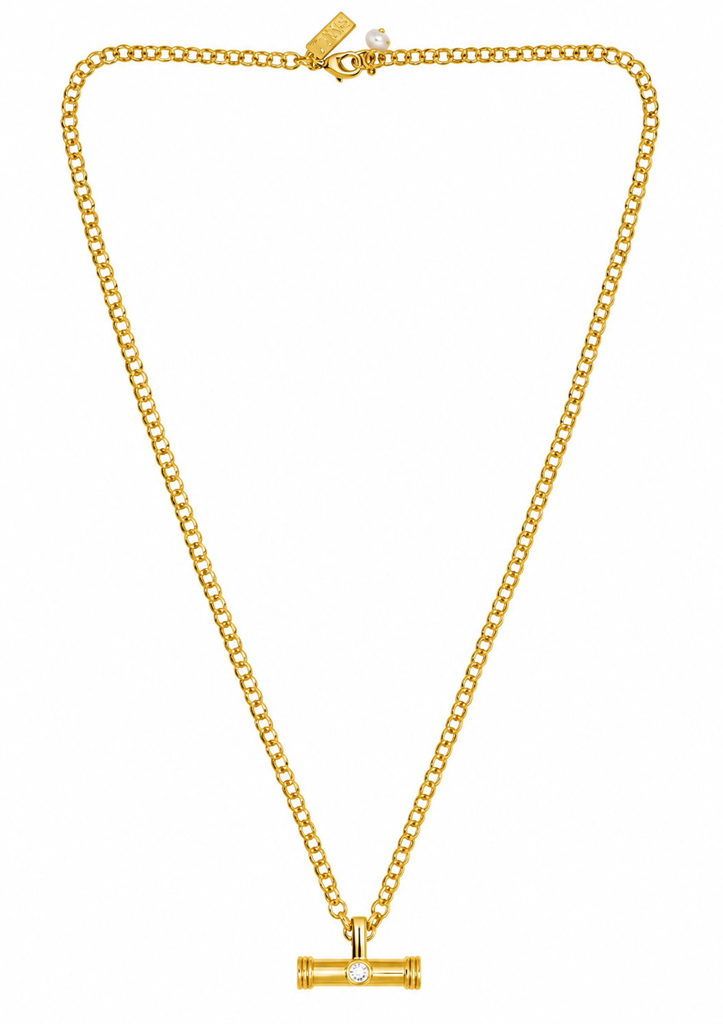 A gold chain necklace with a cylindrical pendant featuring a central clear gemstone, displayed on a solid white background.