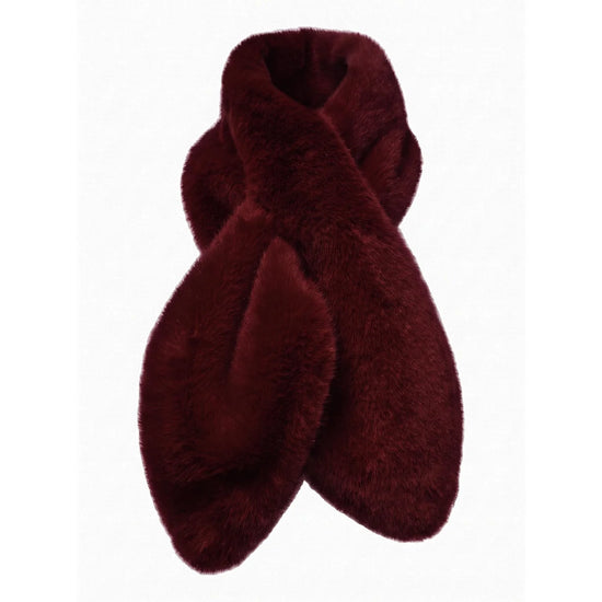A plush, deep burgundy faux fur scarf or neck warmer, neatly folded and displayed against a solid white background.