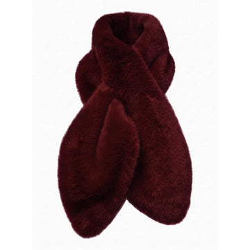 A plush, deep burgundy faux fur scarf or neck warmer, neatly folded and displayed against a solid white background.