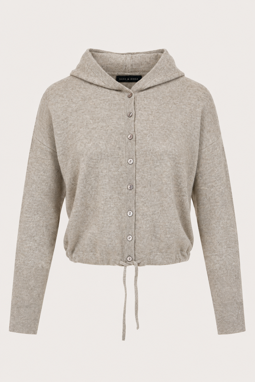 flat kay of a hooded cropped knit in a light brown colour with buttons through the front, and a drawstring at the hem