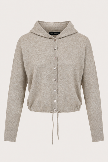 flat kay of a hooded cropped knit in a light brown colour with buttons through the front, and a drawstring at the hem