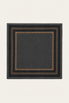 A square dark charcoal gray scarf with a geometric border pattern in brown and gold, displayed flat against a light cream background.