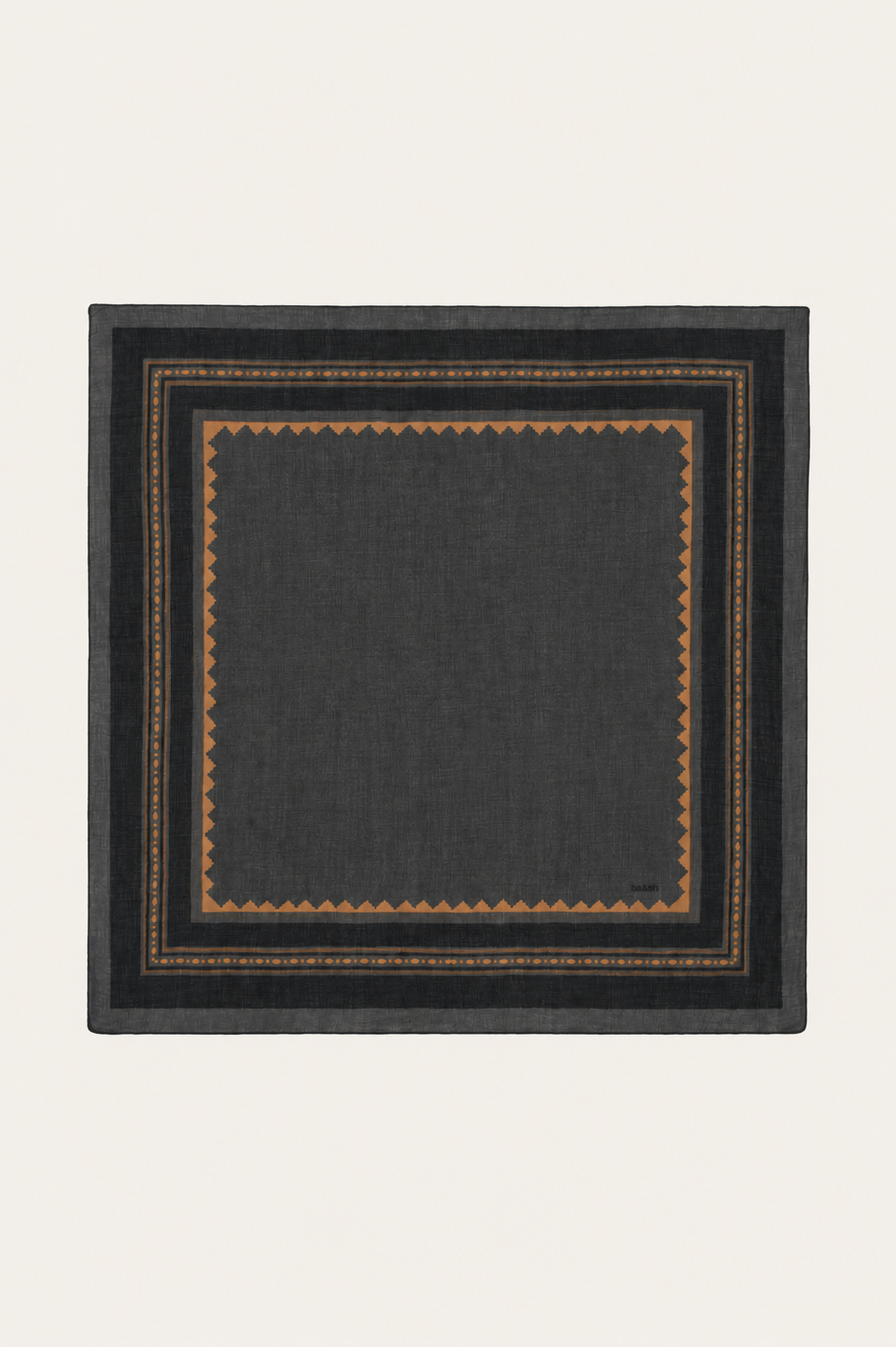 A square dark charcoal gray scarf with a geometric border pattern in brown and gold, displayed flat against a light cream background.