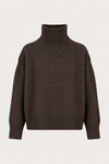 A dark brown ribbed-knit turtleneck sweater with dropped shoulders, displayed on a clean, light off-white background.