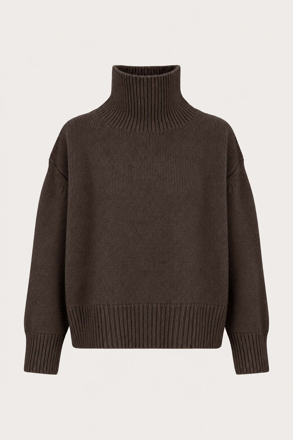 A dark brown ribbed-knit turtleneck sweater with dropped shoulders, displayed on a clean, light off-white background.