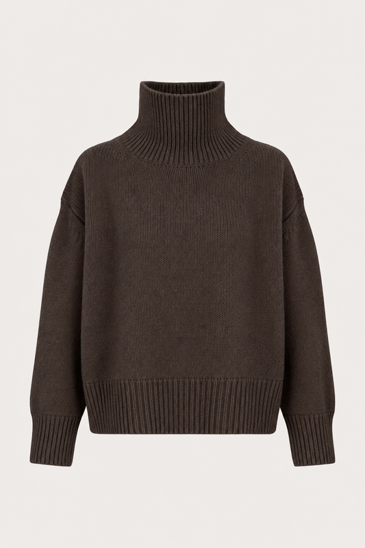 A dark brown ribbed-knit turtleneck sweater with dropped shoulders, displayed on a clean, light off-white background.