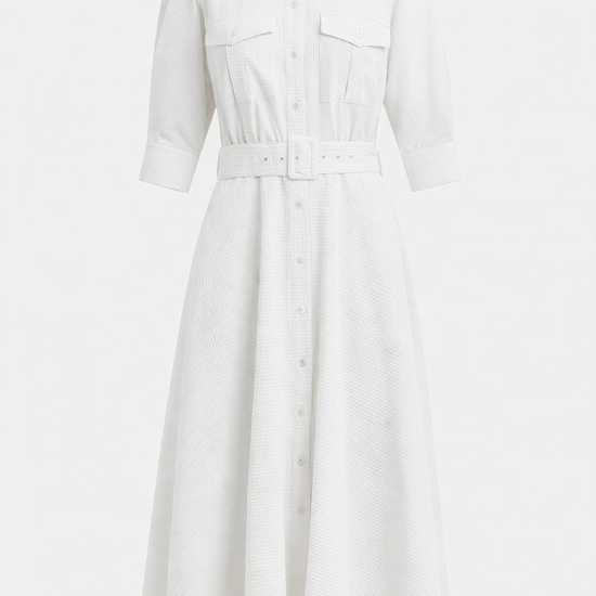White shirt dress with belt and chest pockets