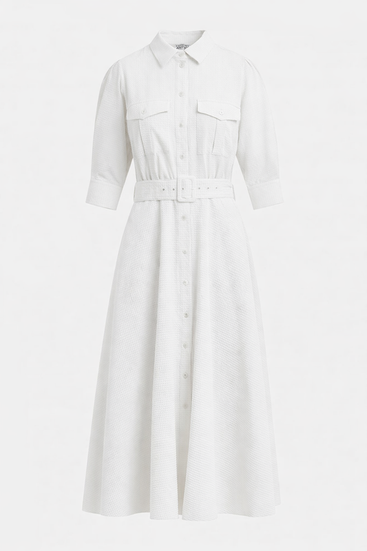 White shirt dress with belt and chest pockets