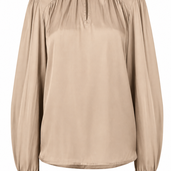 A beige long-sleeve blouse with a ruffled mock neck, gathered shoulders, and elasticized cuffs, shown against a plain white background.