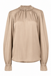 A beige long-sleeve blouse with a ruffled mock neck, gathered shoulders, and elasticized cuffs, shown against a plain white background.