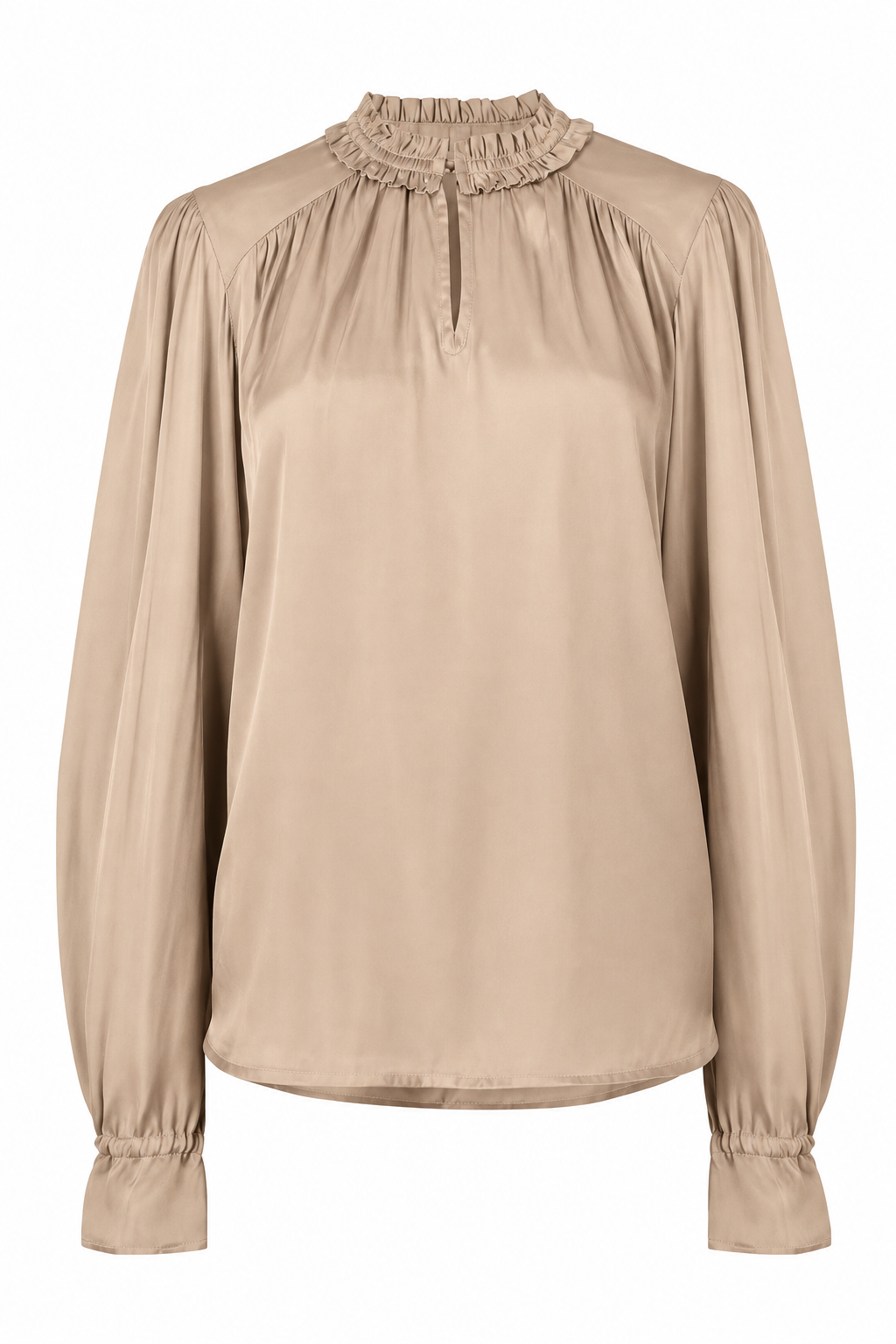 A beige long-sleeve blouse with a ruffled mock neck, gathered shoulders, and elasticized cuffs, shown against a plain white background.