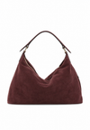 A slouchy hobo shoulder bag in dark burgundy suede, featuring a single top handle and a zippered main compartment, shown against a plain white background.