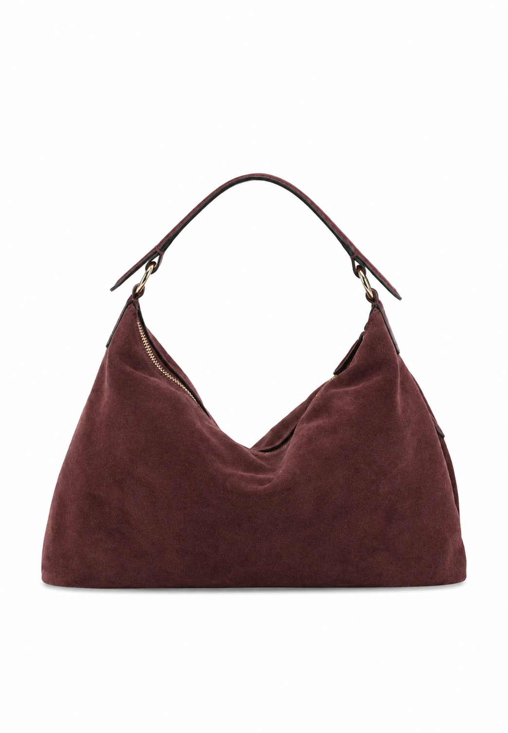 A slouchy hobo shoulder bag in dark burgundy suede, featuring a single top handle and a zippered main compartment, shown against a plain white background.
