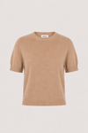 A short-sleeve crewneck knit sweater in a warm camel beige color, displayed against a solid light gray background.