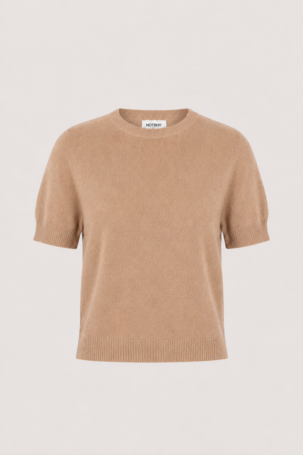A short-sleeve crewneck knit sweater in a warm camel beige color, displayed against a solid light gray background.