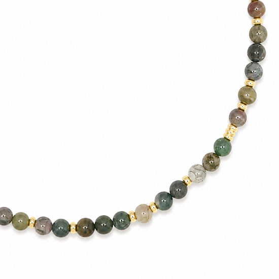 A beaded necklace featuring polished round gemstone beads in earthy green, gray, brown, and gold spacer beads, displayed on a clean white background.