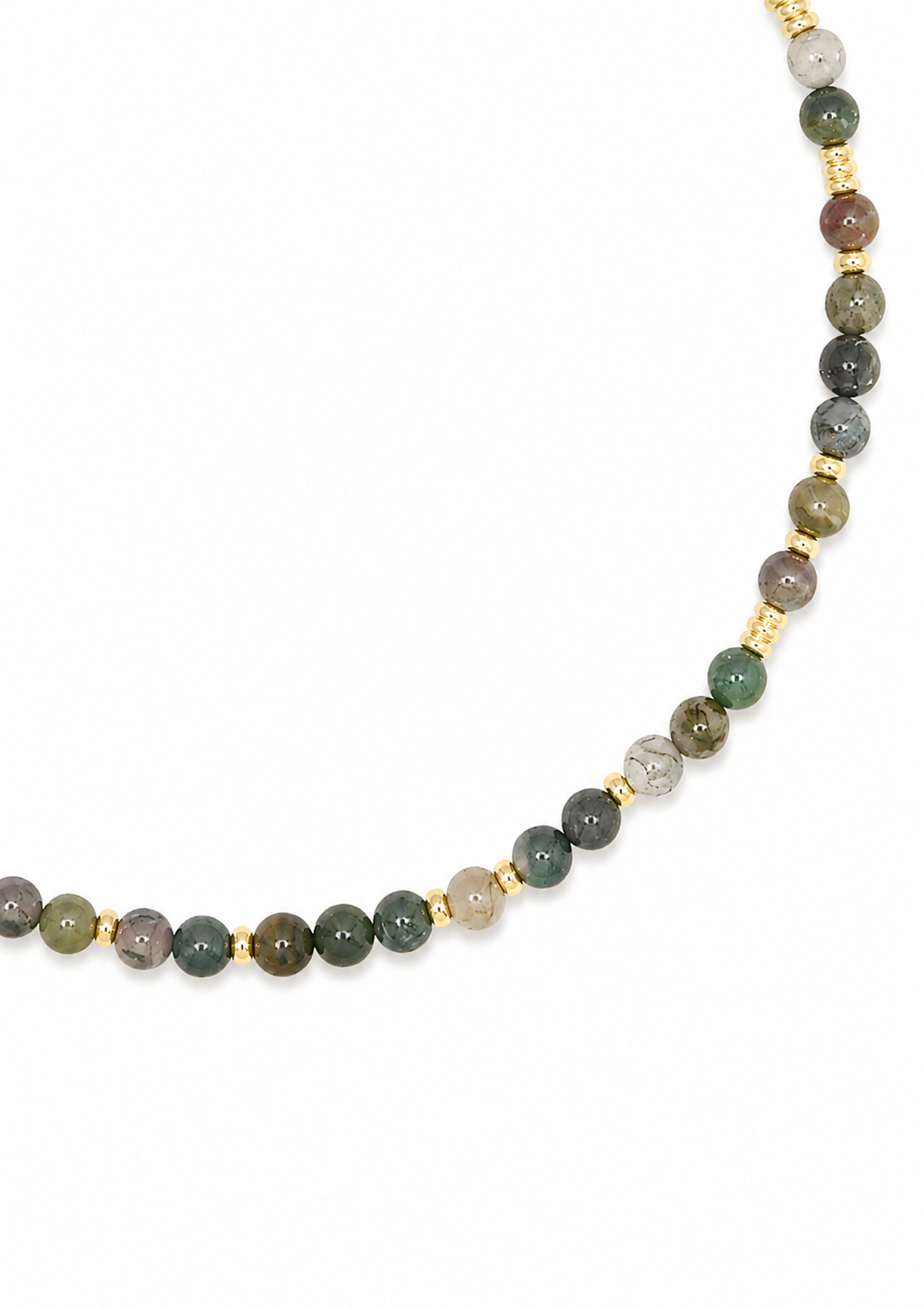 A beaded necklace featuring polished round gemstone beads in earthy green, gray, brown, and gold spacer beads, displayed on a clean white background.