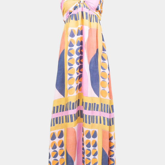 maxi length dress in geometric print with adjustable straps and open back detail