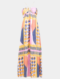 maxi length dress in geometric print with adjustable straps and open back detail