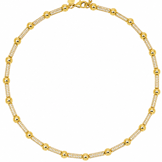 Gold Barrel Beaded Choker with CZ flat lay image on a white background 
