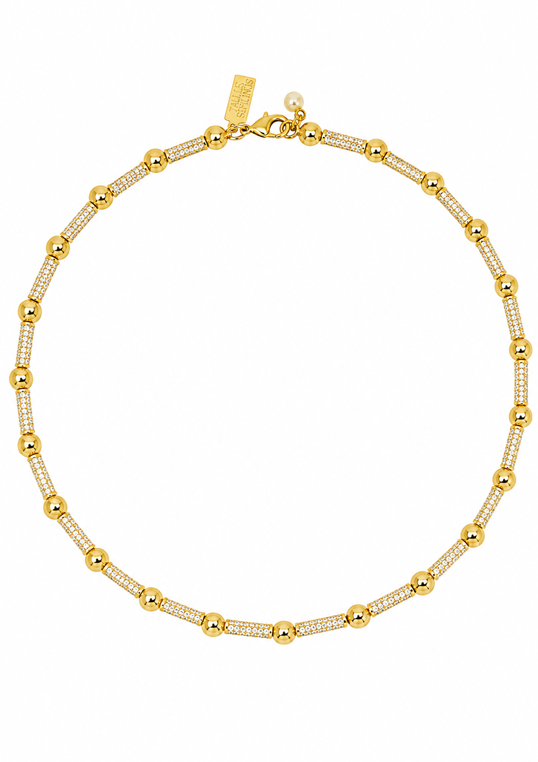 Gold Barrel Beaded Choker with CZ flat lay image on a white background 