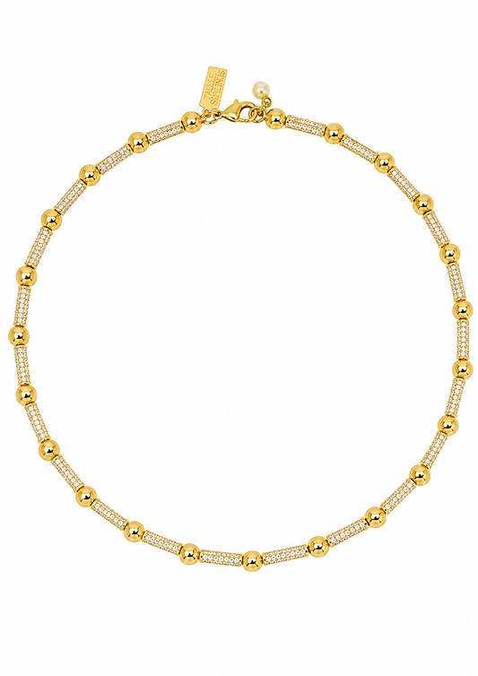 Gold Barrel Beaded Choker with CZ flat lay image on a white background 