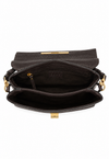 An open black leather shoulder bag with gold-tone hardware, showing its interior compartments, zipper pocket, and a small embossed brand label on the inner flap.