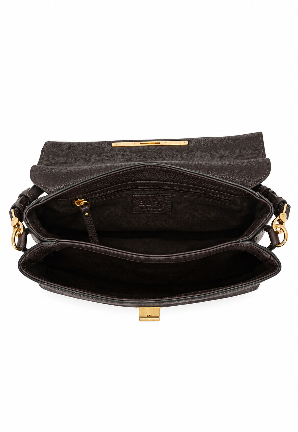 An open black leather shoulder bag with gold-tone hardware, showing its interior compartments, zipper pocket, and a small embossed brand label on the inner flap.