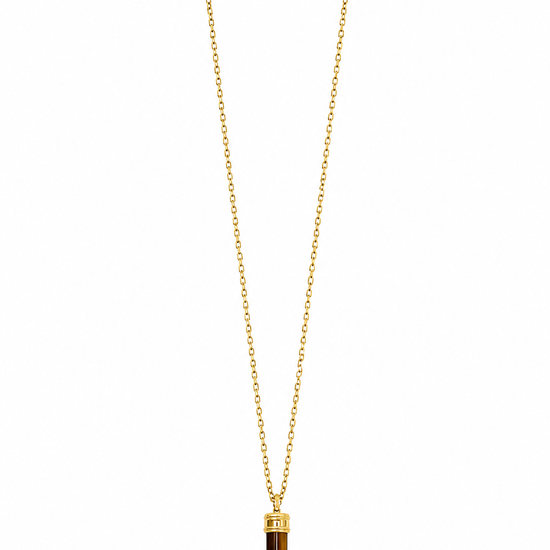 A gold chain necklace featuring a pendant made from a polished tiger's eye or tortoiseshell bone with a gold cap, displayed on a clean white background.
