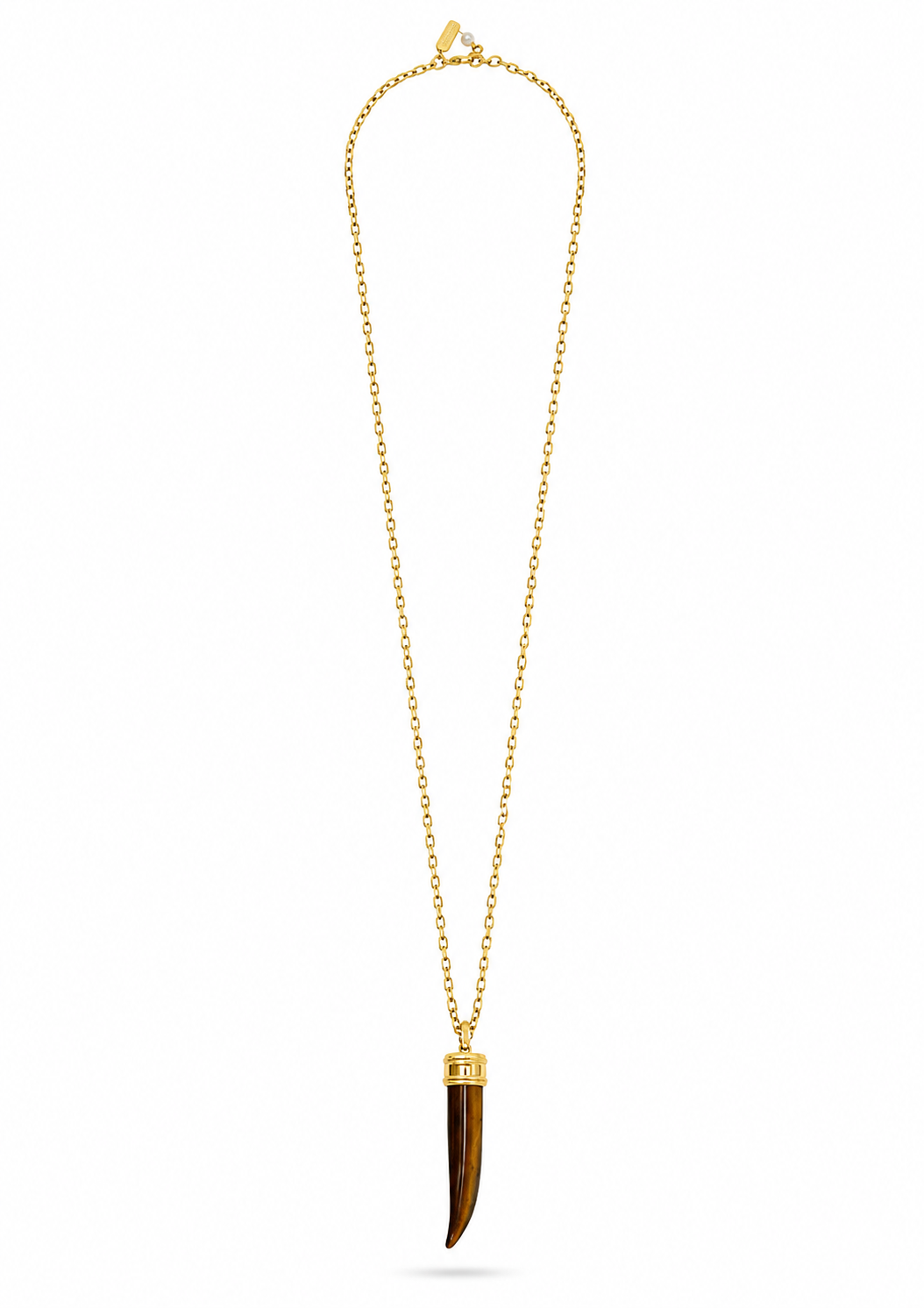 A gold chain necklace featuring a pendant made from a polished tiger's eye or tortoiseshell bone with a gold cap, displayed on a clean white background.