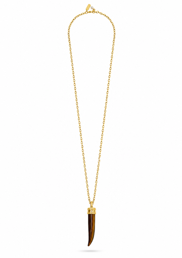 A gold chain necklace featuring a pendant made from a polished tiger's eye or tortoiseshell bone with a gold cap, displayed on a clean white background.
