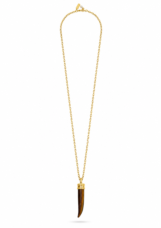 A gold chain necklace featuring a pendant made from a polished tiger's eye or tortoiseshell bone with a gold cap, displayed on a clean white background.