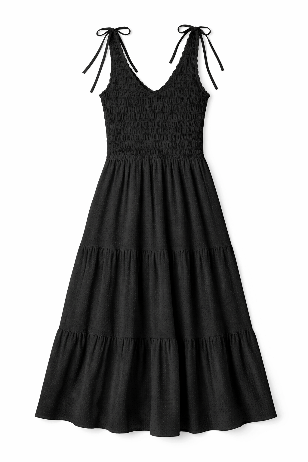 Black tiered maxi dress with smocked bodice, ruffled V-neckline and shoulder ties in lightweight fabric.