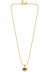 flat lay of a gold necklace with an evil eye pendant with a brown tigers eye stone on the pendant 