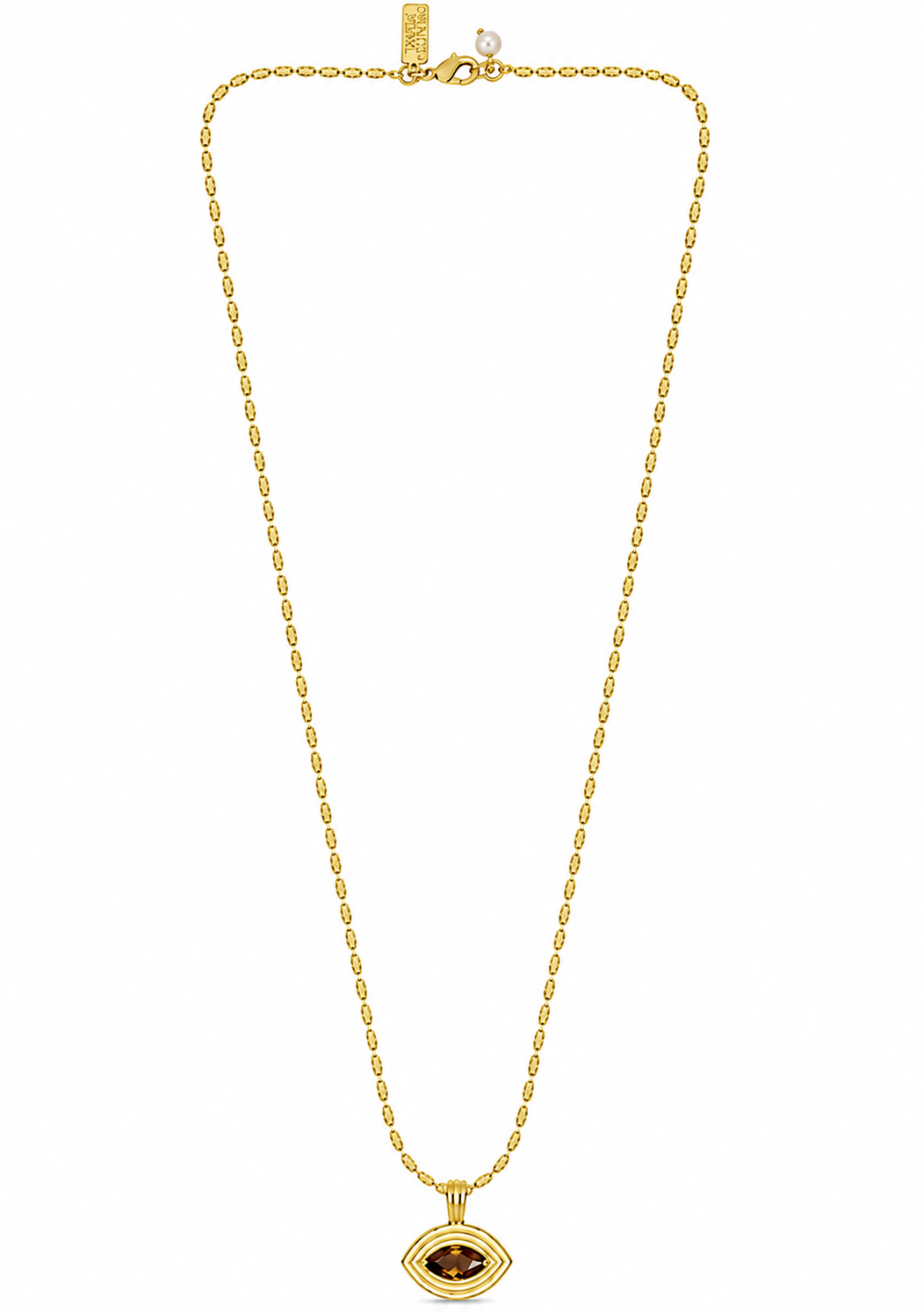 flat lay of a gold necklace with an evil eye pendant with a brown tigers eye stone on the pendant 