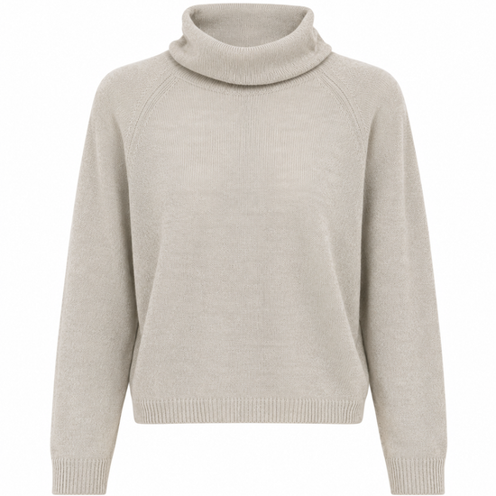 A light beige knit sweater with a mock neck, raglan sleeves, and ribbed cuffs and hem, shown against a plain white background.