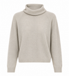 A light beige knit sweater with a mock neck, raglan sleeves, and ribbed cuffs and hem, shown against a plain white background.