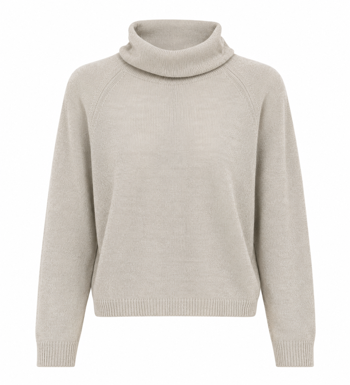 A light beige knit sweater with a mock neck, raglan sleeves, and ribbed cuffs and hem, shown against a plain white background.