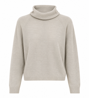 A light beige knit sweater with a mock neck, raglan sleeves, and ribbed cuffs and hem, shown against a plain white background.