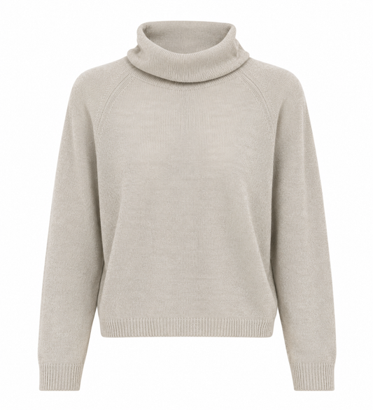 A light beige knit sweater with a mock neck, raglan sleeves, and ribbed cuffs and hem, shown against a plain white background.