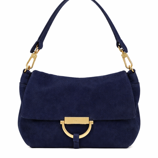 Navy suede bag with gold hardwear and 2 straps